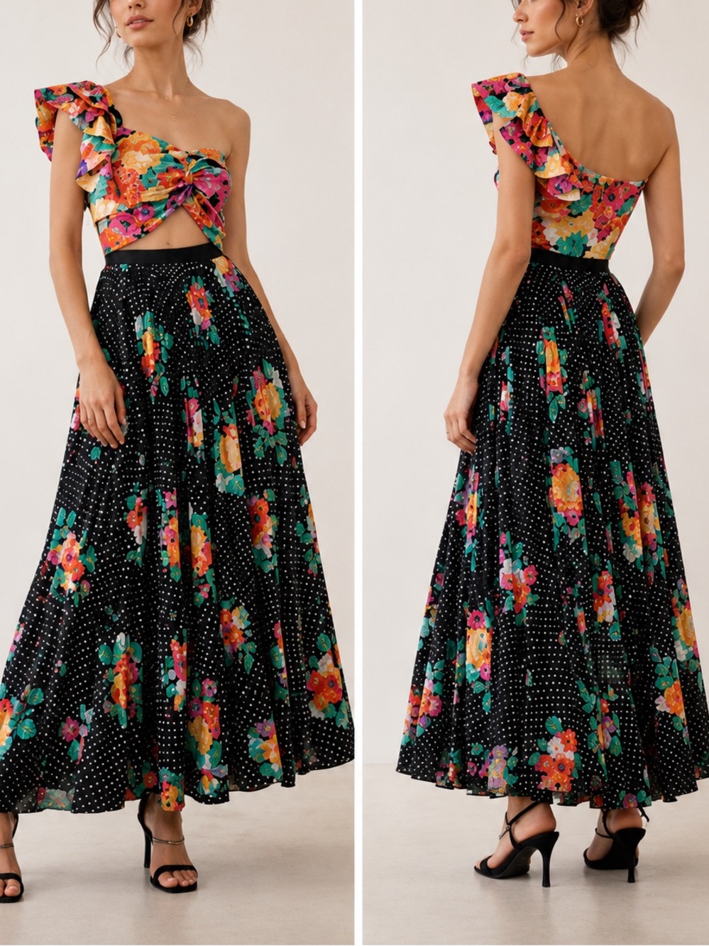 AMUR Cleopatra One Shoulder Pleated Black Floral Polka Dot Cutout Maxi Dress